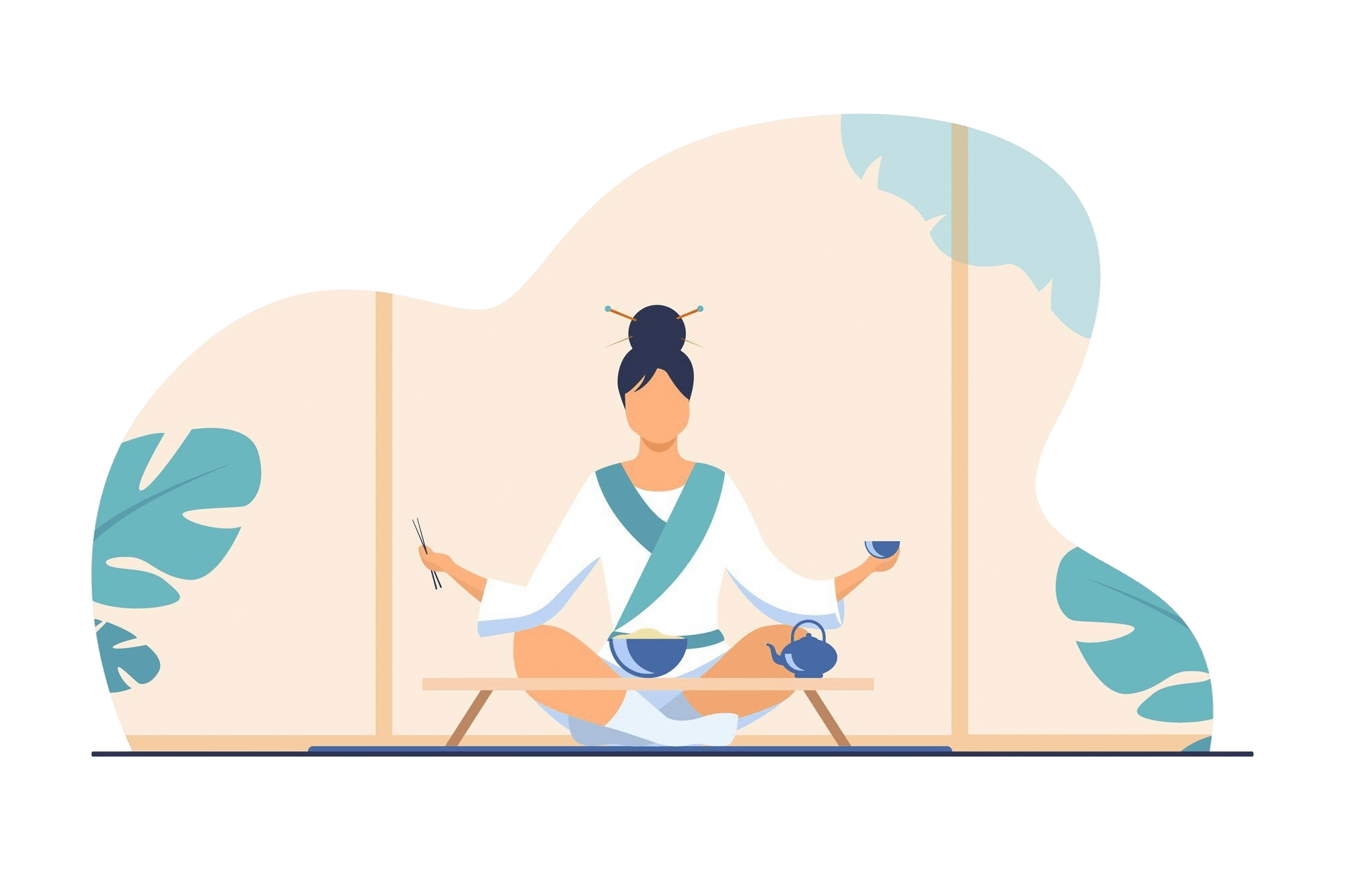 chinese woman sitting small table eating tea rice chopstick flat vector illustration tradition nation concept