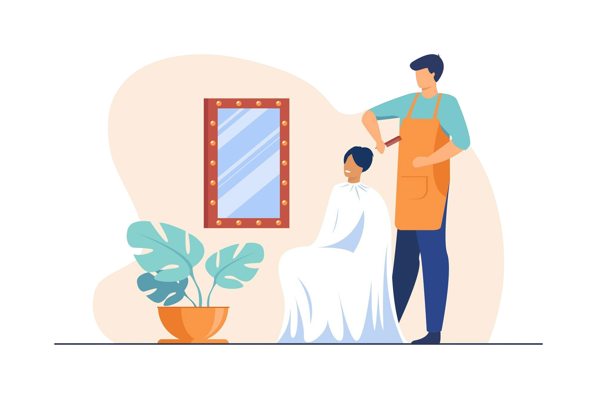male hairdresser brushing hair woman hair stylist with comb female customer workplace flat illustration
