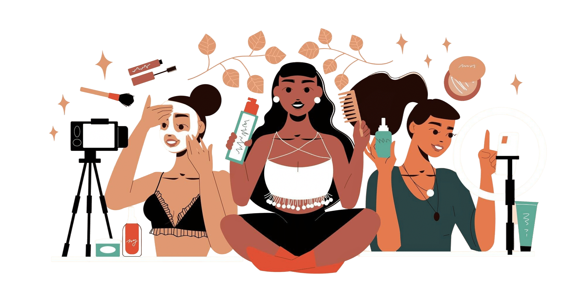 three pretty female beauty bloggers recording video about skin care showing cosmetic products accessories flat illustration