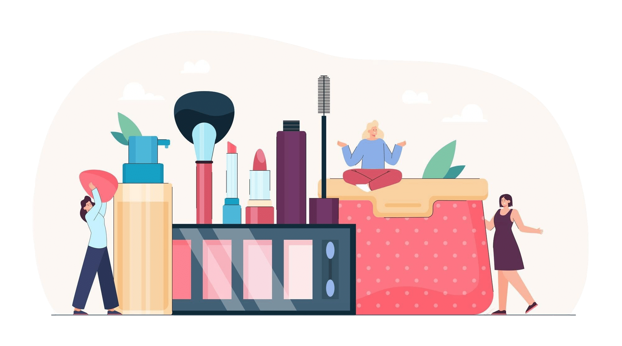 tiny cartoon beautician characters with huge makeup products beauty parlor salon workshop skin treatment makeup courses flat vector illustration beauty cosmetics concept banner